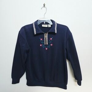 Classic Elements Vintage Navy Blue Floral Embroidered Quarter Zip Sweatshirt PS